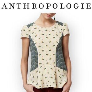 Anthropologie Cream and Green Floral Peplum Blouse